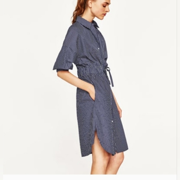 ZARA Preppy Shirt Dress long sleeve drawstring waist striped Size Medium - Picture 3 of 15